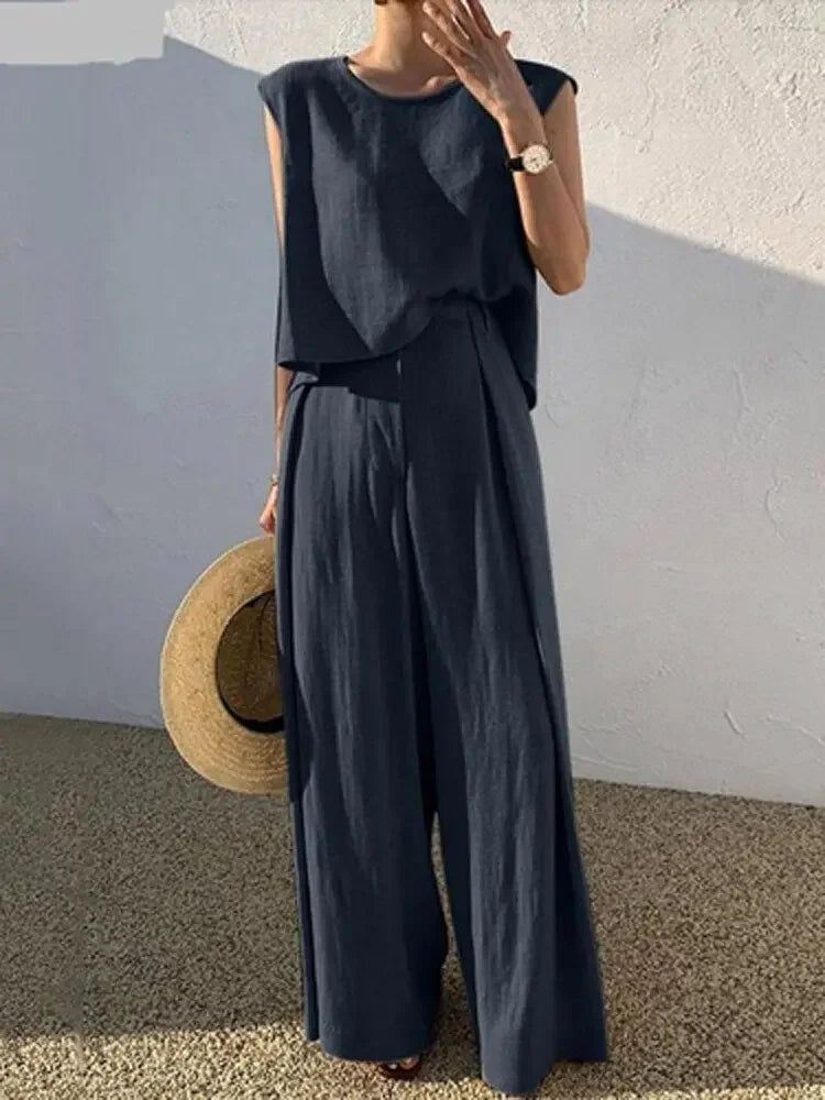 Summer Loose O-Neck Top Wide Leg Pants Two Piece New Elegant Pullover Pants Summer Suit Women Harajuku Style Cotton Linen Suit