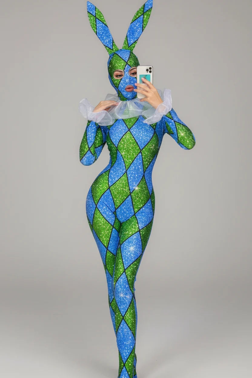 Futuristic Geometric Rhinestone Bunny Bodysuit – Luxury Showgirl Stage Costume & Exotic Festival Leotard with Statement Collar