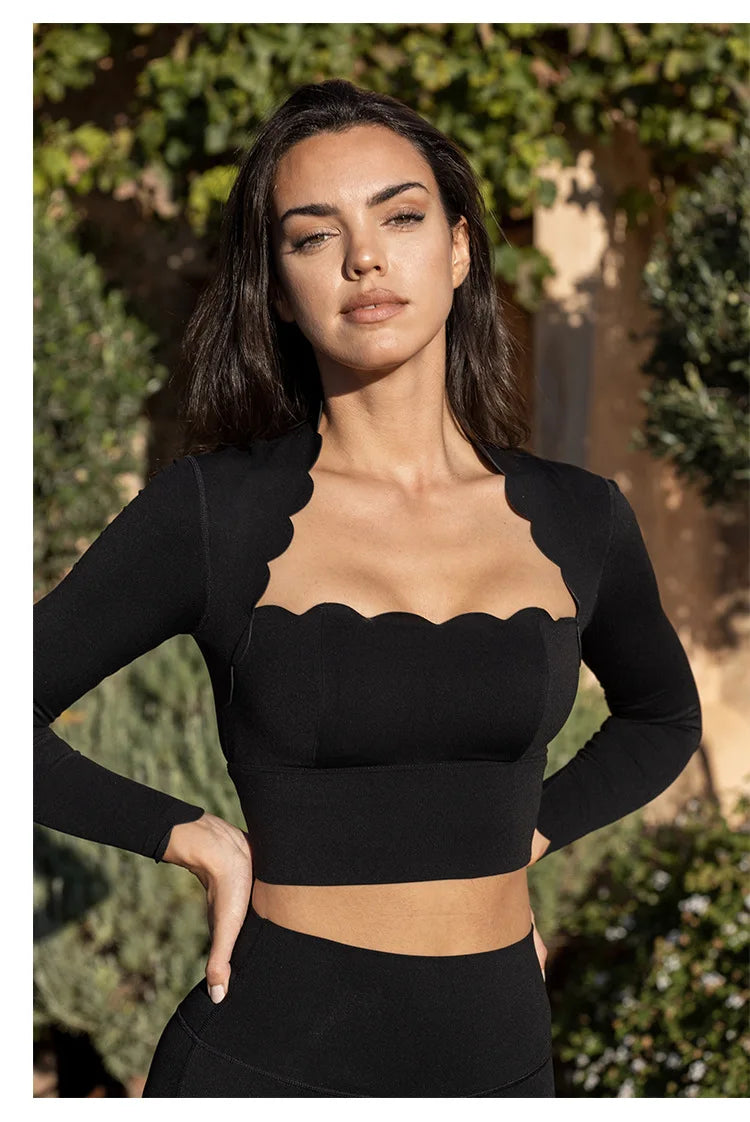 Black Square Neck Tight High Elastic Skinny Yoga Sports Long Sleeves Fashion Compression Pants Fitness Leggings Workout Tights