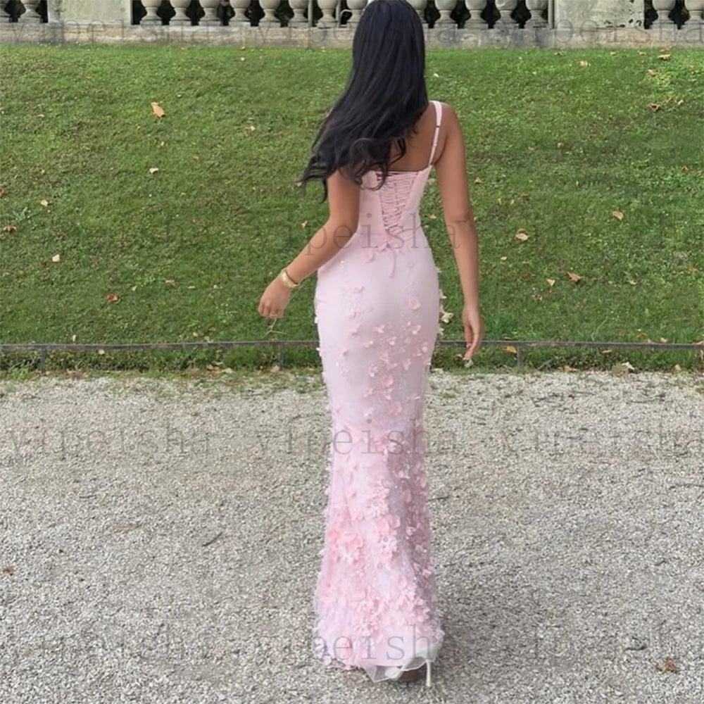 Customized square collar mermaid Evening Dresses spaghetti strap Party Dress 3D Flowers Sequined Lace Appliques Long Prom Gown Luxlife Brands