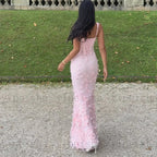 Customized square collar mermaid Evening Dresses spaghetti strap Party Dress 3D Flowers Sequined Lace Appliques Long Prom Gown Luxlife Brands