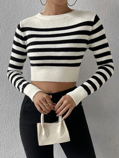 2023 Autumn Winter Women Striped Basic Sweaters Jumper Knitted Crop Tops Bodycon Slim Long Sleeve O-neck Pullover