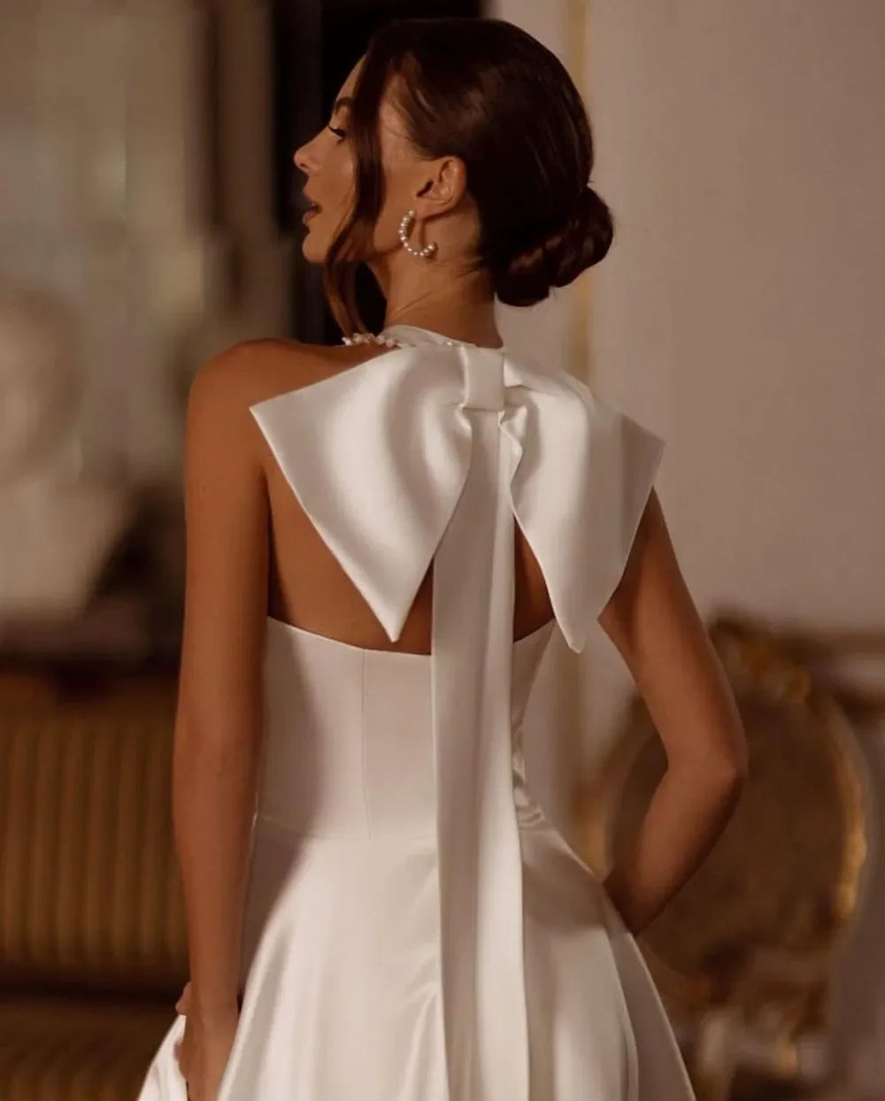 Msikoods Modern Mermaid Wedding Dress Halter Neck Bow Sexy Side Split Boho Wedding Gown With Pocket Bride Dresses LUXLIFE BRANDS