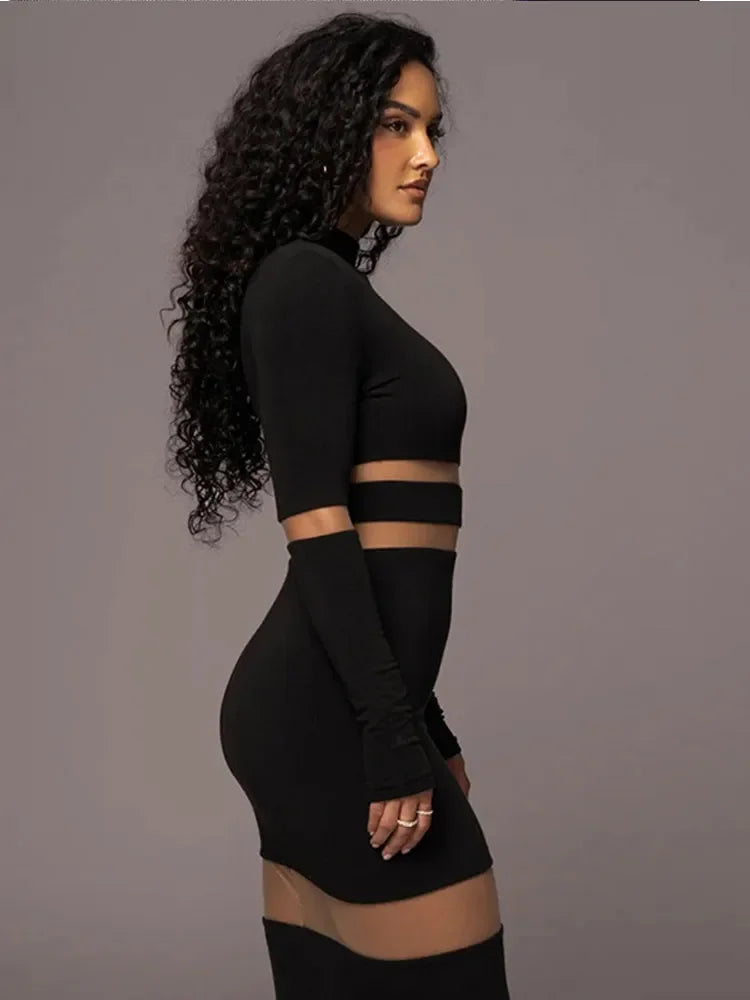 Sexy Lace Hollow Out Dress Women  Elegant Turtleneck Knitting Patchwork Dresses 2023 Autumn Evening Party Long Sleeve Vestido LUXLIFE BRANDS