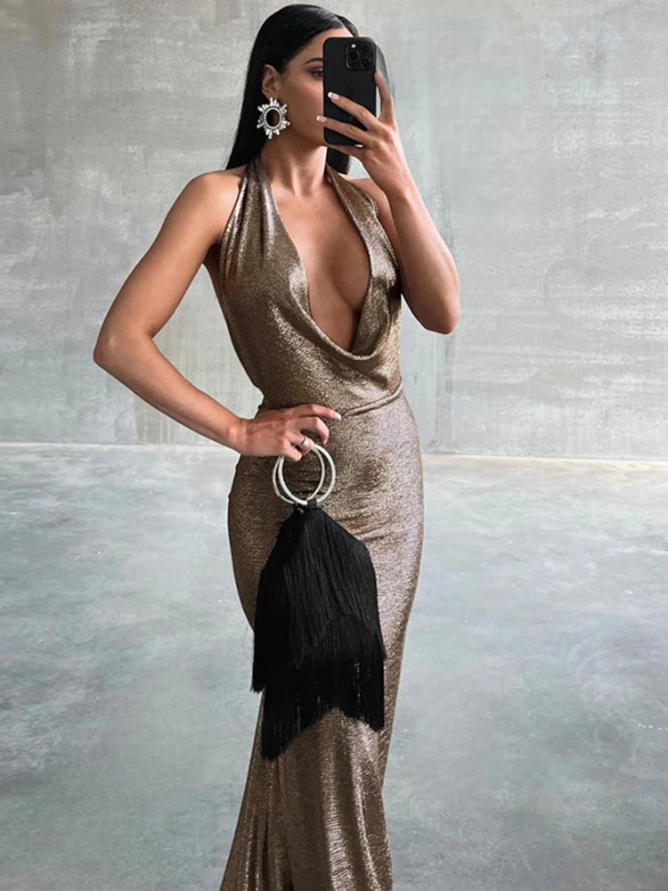 Dark Bronze Draped Maxi Dress LUXLIFE BRANDS