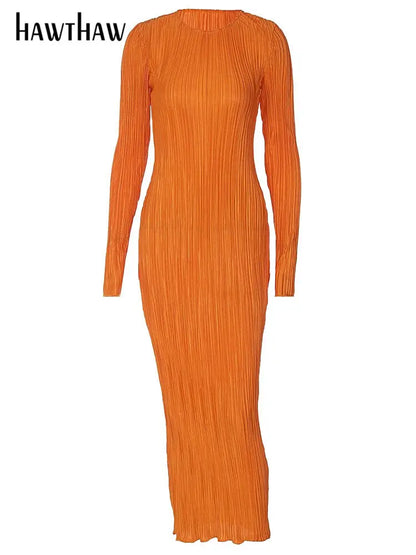 Hawthaw Women Fashion Long Sleeve Streetwear Bodycon Orange Midi Dress 2022 Autumn Clothes Wholesale Items For Business
