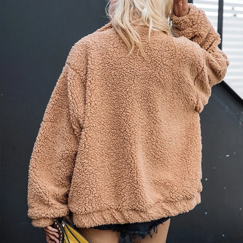 FMFSSOM Fashion Autumn Women Teddy Bear Fluffy Jacket Stand Collar Loose Plush Jacket Brown Solid Warm Outwear Faux Lamb Coats LUXLIFE BRANDS