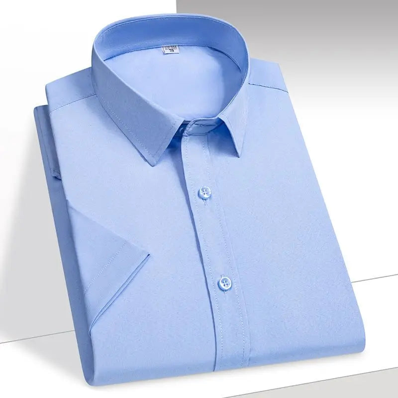 Mens Shirt Short Sleeve Solid Bamboo Fiber Shirt Easy Care Formal Elastic Comfortable Dress Shirts Plus Size Male Tops Yyqwsj