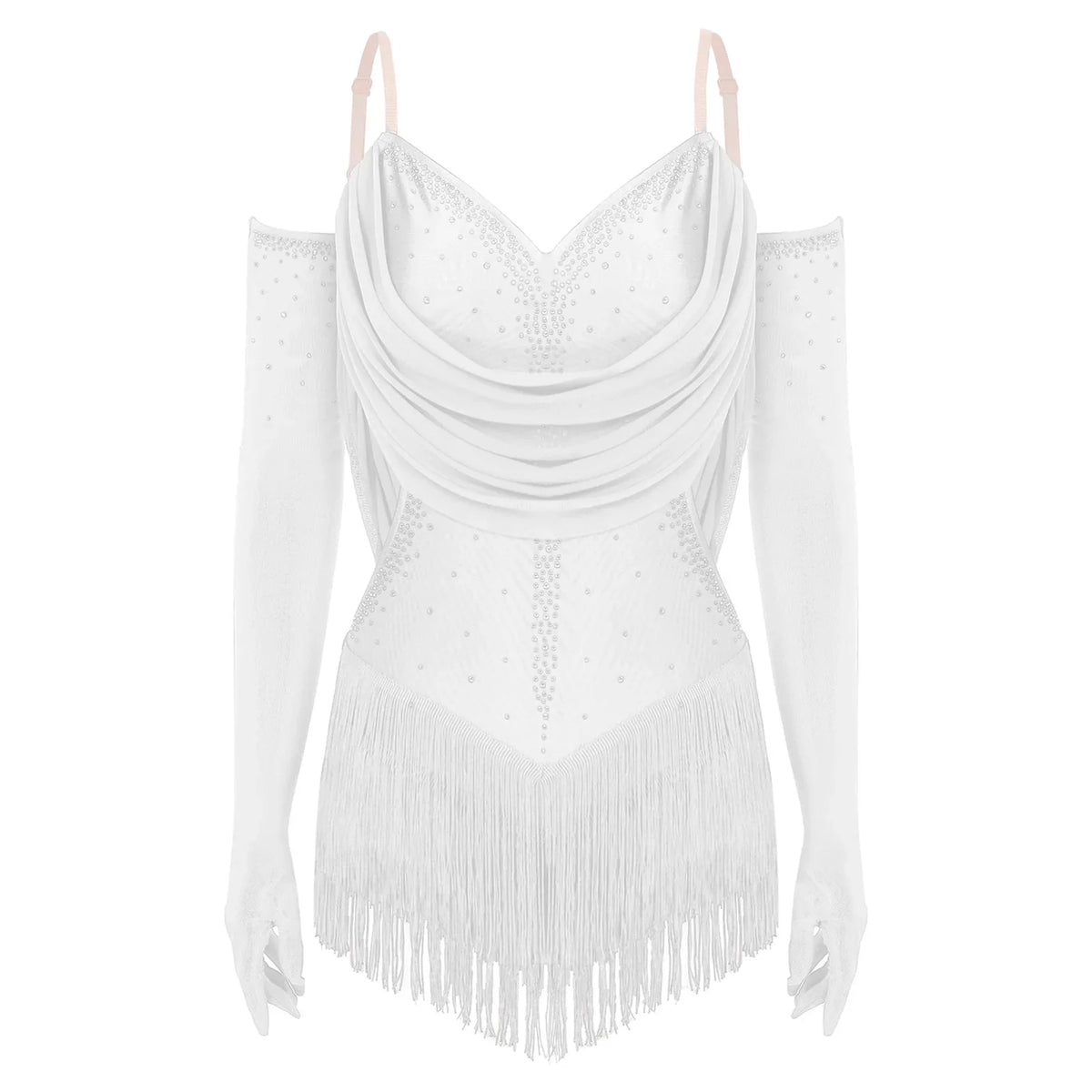 Sparkly Rhinestone & Tassel Fringe Dance Leotard with Gloves Two-Piece Stage Costume