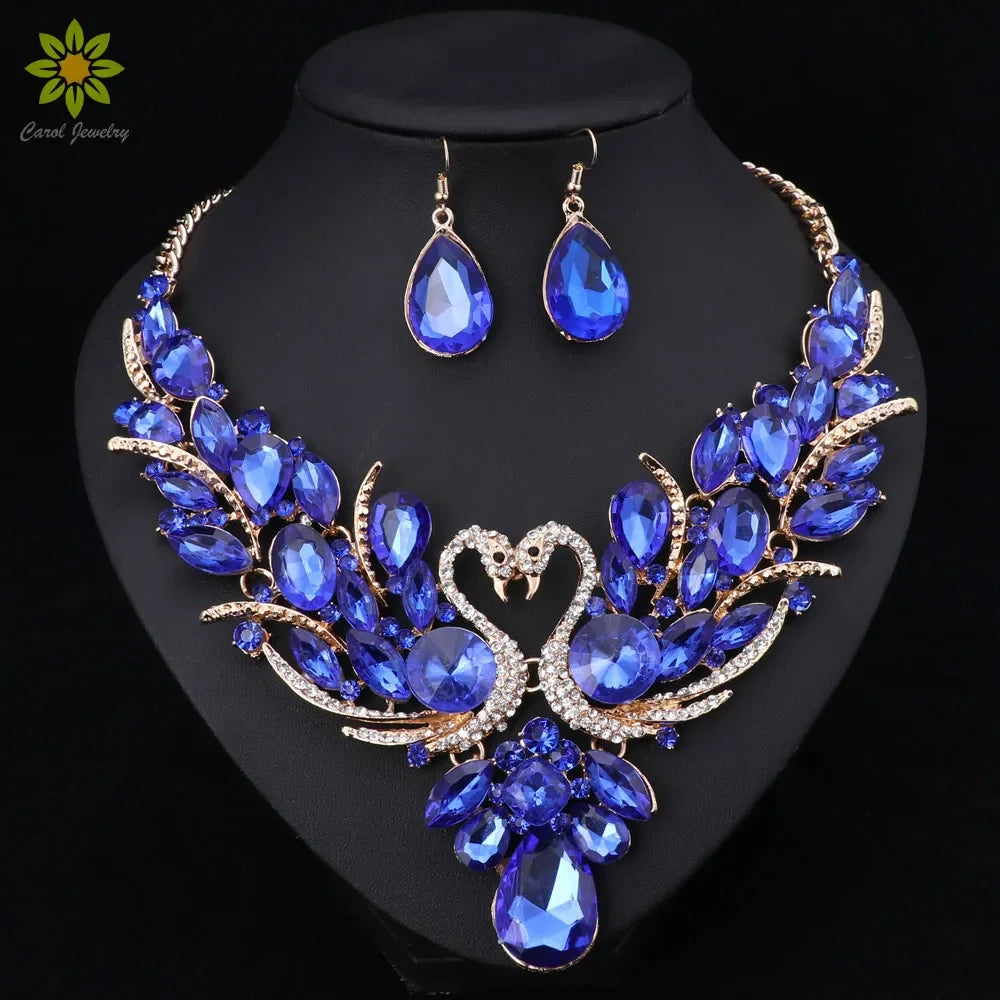 Crystal Bridal Jewelry Sets Gold Color Swan Pendant Necklace Women Gift Party Wedding Prom Necklace Earring Accessories LUXLIFE BRANDS