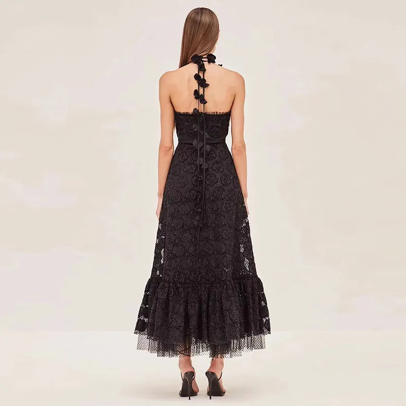 ONEINALL Patchwork Lace Up Backless Dress For Women Strapless Sleeveless High Waist Minimalist Elegant Long Dresses Female New