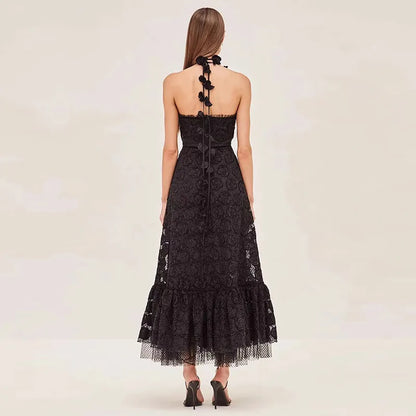 ONEINALL Patchwork Lace Up Backless Dress For Women Strapless Sleeveless High Waist Minimalist Elegant Long Dresses Female New