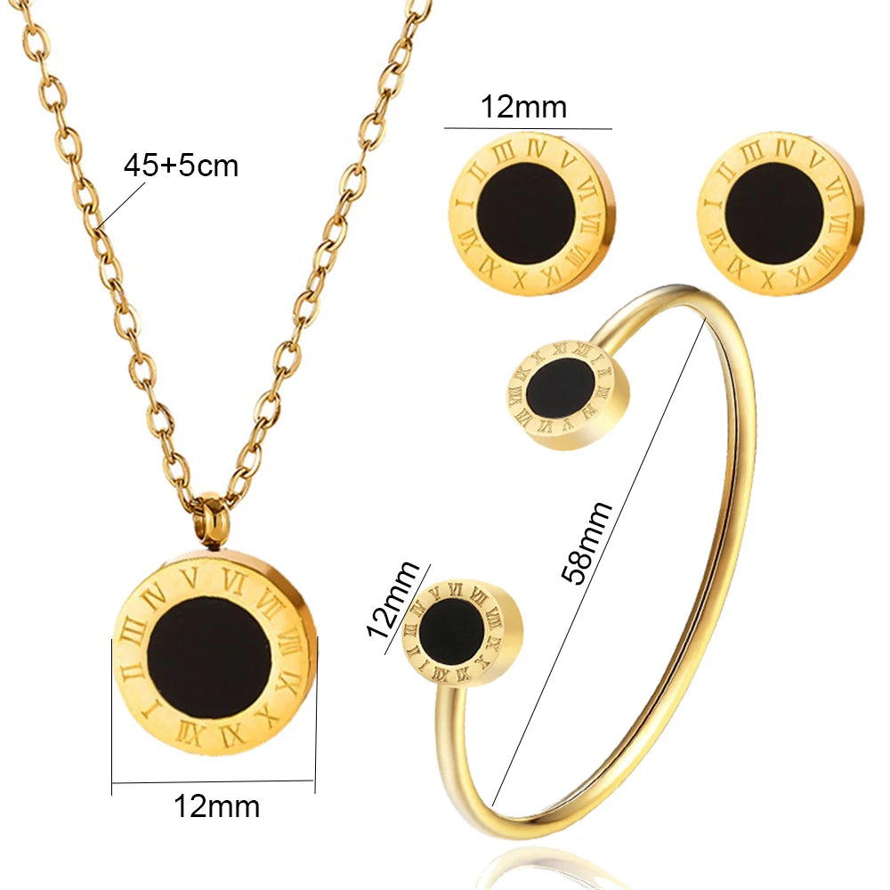 Stainless Steel Roman Number Jewelry Set For Women Black Shell Inlays, Colorfast & Stylish - Includes Bracelet, Necklace Earring Luxlife Brands