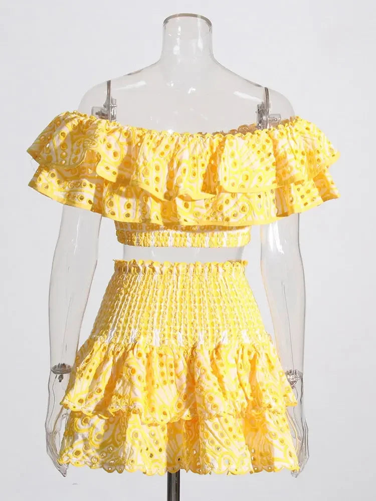 TWOTWINSTYLE Print Two Piece Sets For Women Slash Neck Short Sleeve Tops High Waist Skirts Summer Loose Set Female Fashion New