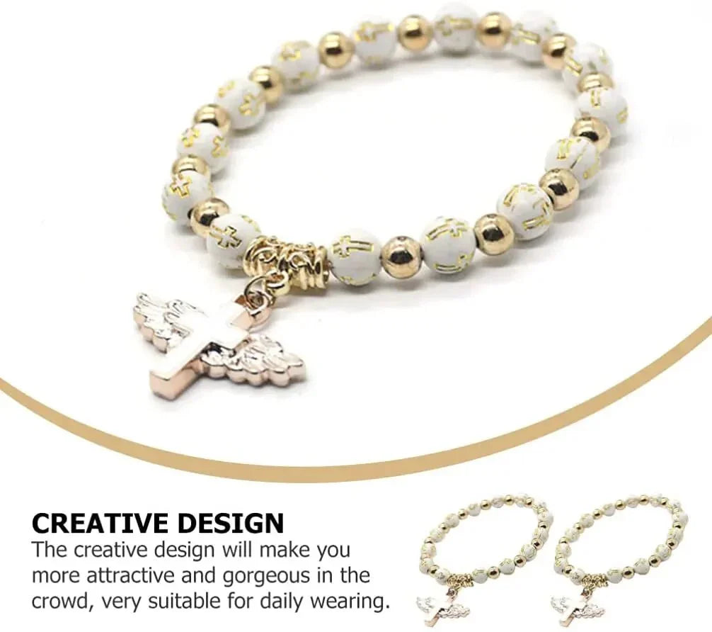 Exquisite Angel Wing Cross Rosary Bracelets Bronzing Acrylic Baptism Stretch Beaded Bracelets for Women Girls Religious Gift LUXLIFE BRANDS
