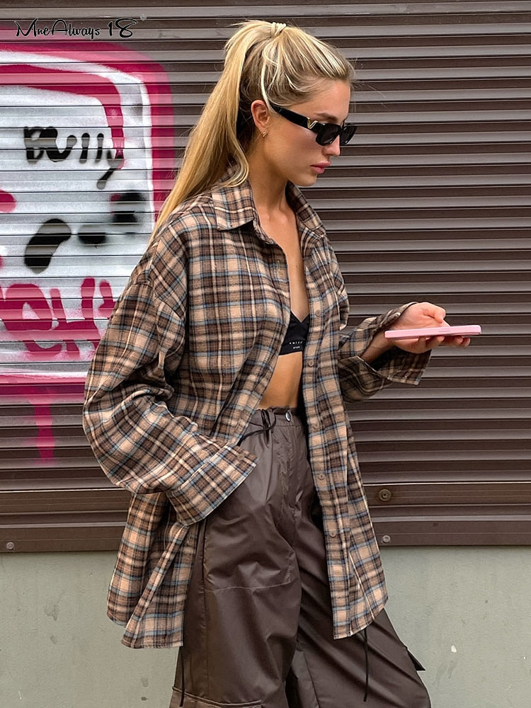 Mnealways18 Vintage Plaid Shirts Women Loose Gingham Female Blouse Autumn 2023 Button Top Shacket Oversized Long Shirts Ladies