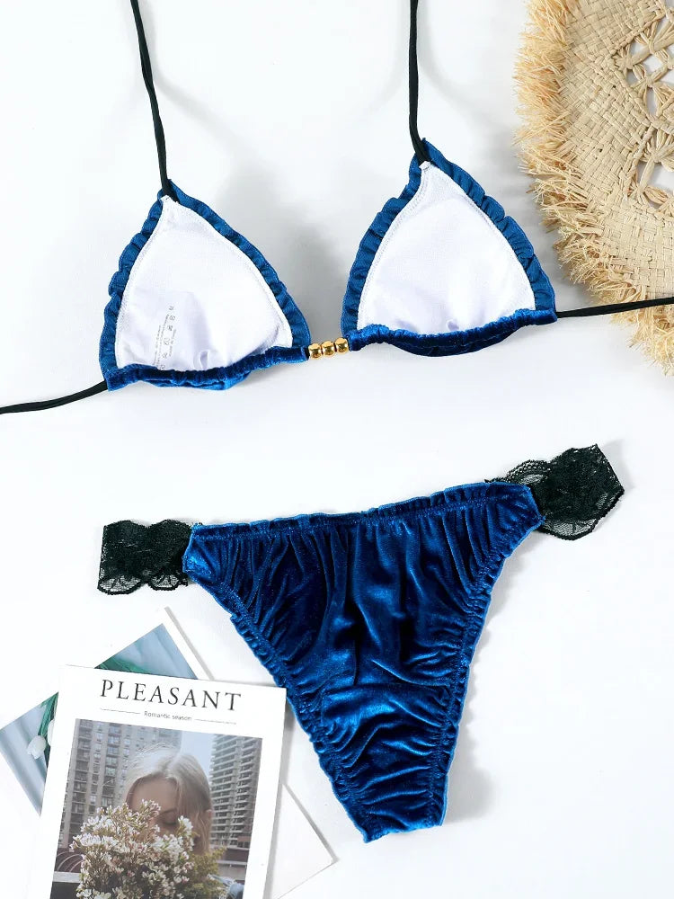 Triangle Lace Bikinis Sexy Swimsuit Women Low Waist Bikini Sets Push Up Swimwear Mujer Beachwear Two Pieces Suit Solid Biquini