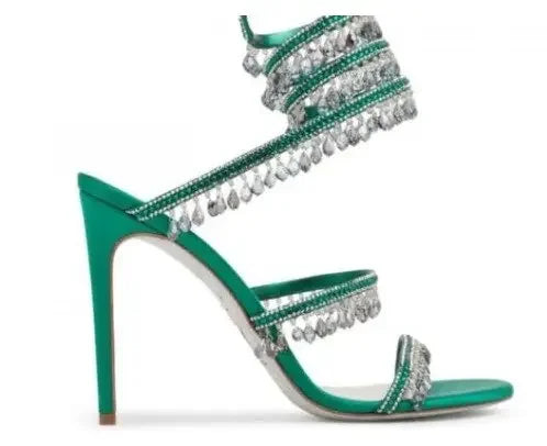 Rhinestone Snake Wrap Sandals Solid Designer Summer Shoes Open Toe Fringes Stiletto Heel Hollow Sandals Women Party Prom Fashion