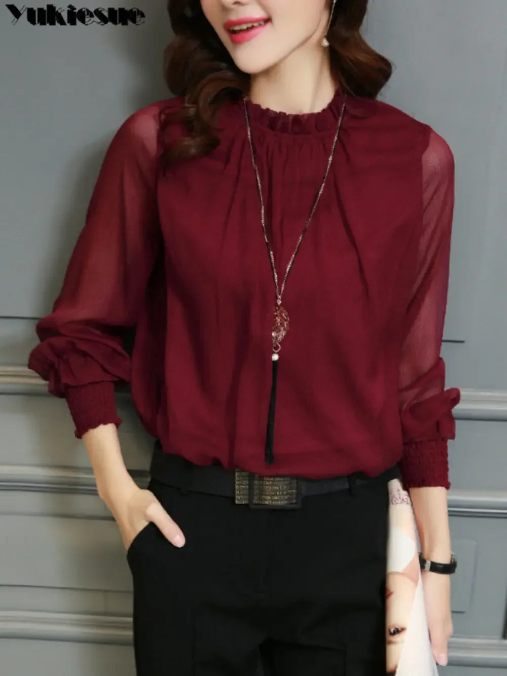 Spring Summer Elegant blouse women Korean Chiffon Shirt Women Long Sleeve Ruffled Women&#39;s shirts and blouses Office Lady Tops