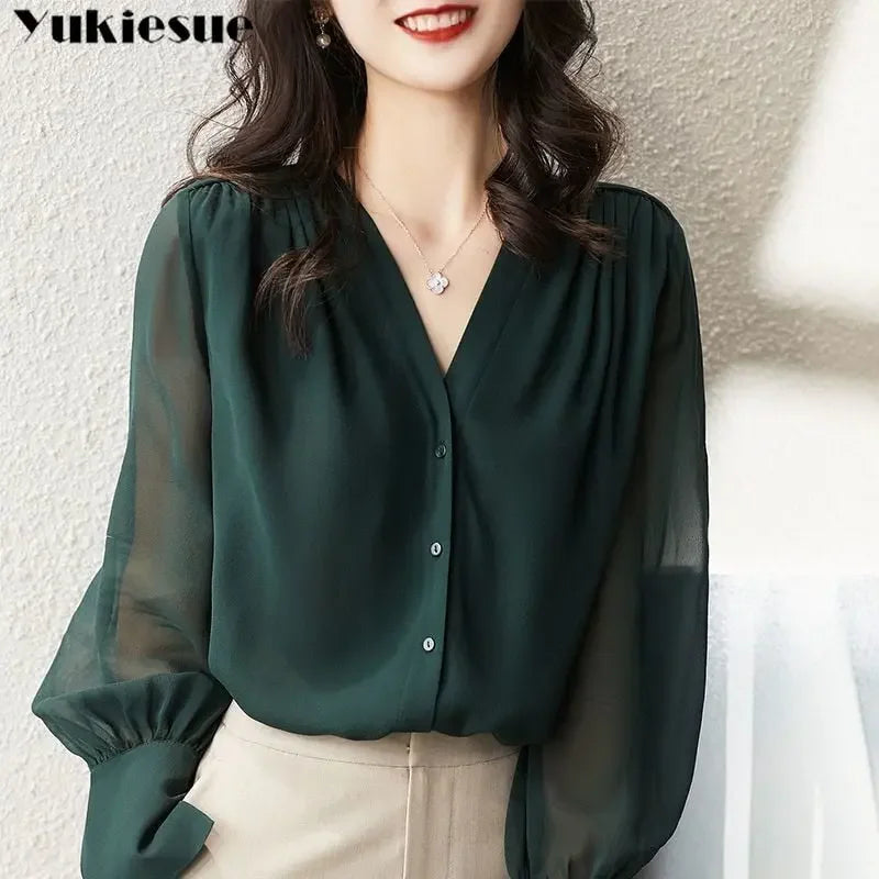 Spring Summer Elegant blouse women Korean Chiffon Shirt Women Long Sleeve Ruffled Women&#39;s shirts and blouses Office Lady Tops