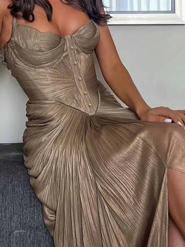 Sexy V-neck Draped Slim Suspender Dress Women Elegant Hight Waist Prom Long Dress Casual Sleeveless Backless Lace-Up Party Dress