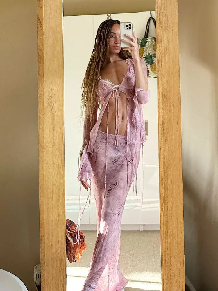 2023 Y2K Style Two Piece Suit Sexy Front Open Wood Ear Edge Lace-up Printed Top High Waist Long Dress Bikini Cover Ups A2586 LUXLIFE BRANDS