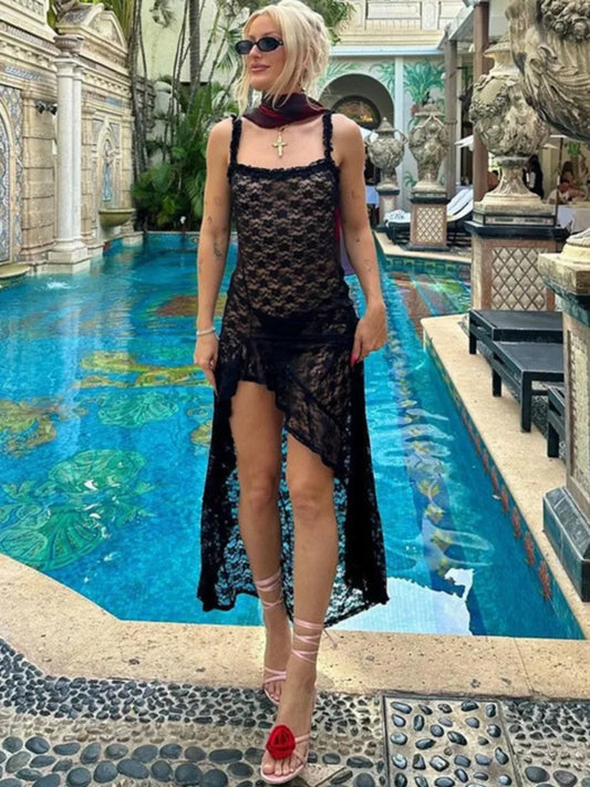 Lace Dress Cover-ups Women Swimsuit Spaghetti Strap Sundress Robe Summer Black Fashion Beach Holiday Bikini Cover Up Swimwear