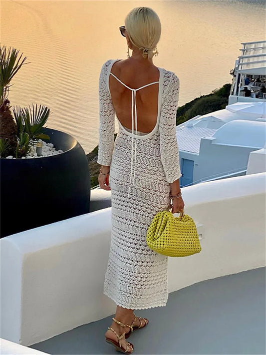 wsevypo Backless Tie Up Knit Crochet Beach Long Dress Women Fall Spring Hollow-Out O-Neck Wrap Bodycon Dress Holiday Party Wear