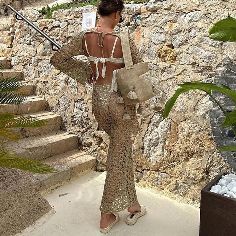 Women's Sexy Swimwear Cover Up Beach Crochet Covers Bikini Coverups Vacation Outfits with Mesh Sheer Maxi Dress For Beach Mujer