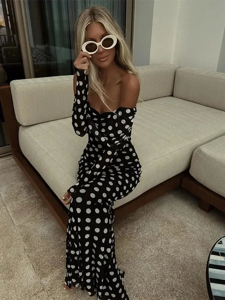 Sexy Polka Dots Print Dress Off Shoulder Patchwork Maxi Dress for Women Slim Fit Long Sleeves A-line Vestidos Lady Elegant Robe LUXLIFE BRANDS