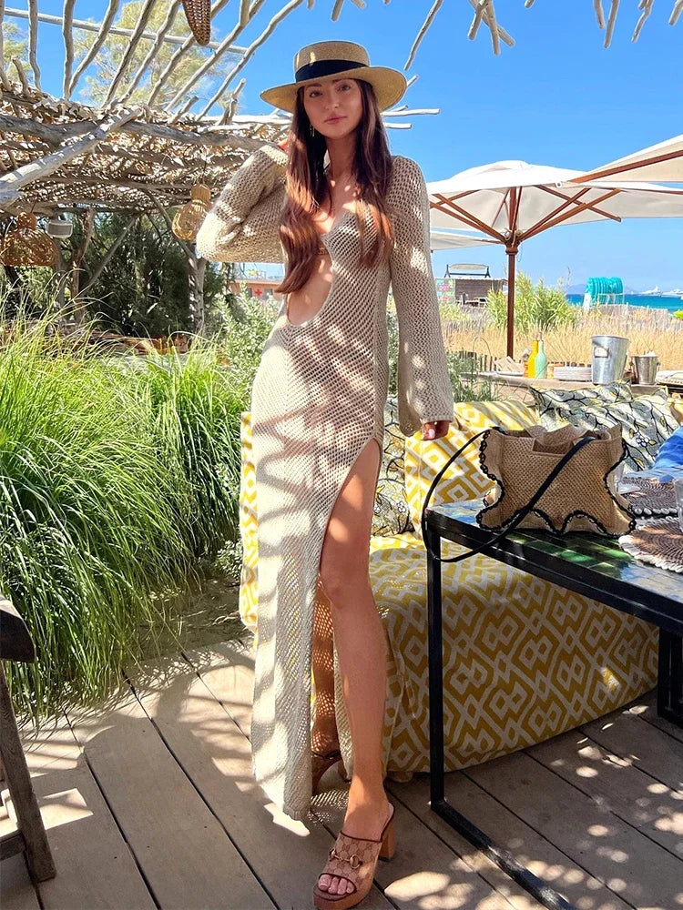 Solid Colour Beach Maxi Dress 2025 Women Summer Sexy Knit Flared Long Sleeve Slit Cut Out Swimsuit Cover Up Holiday Outfits K120