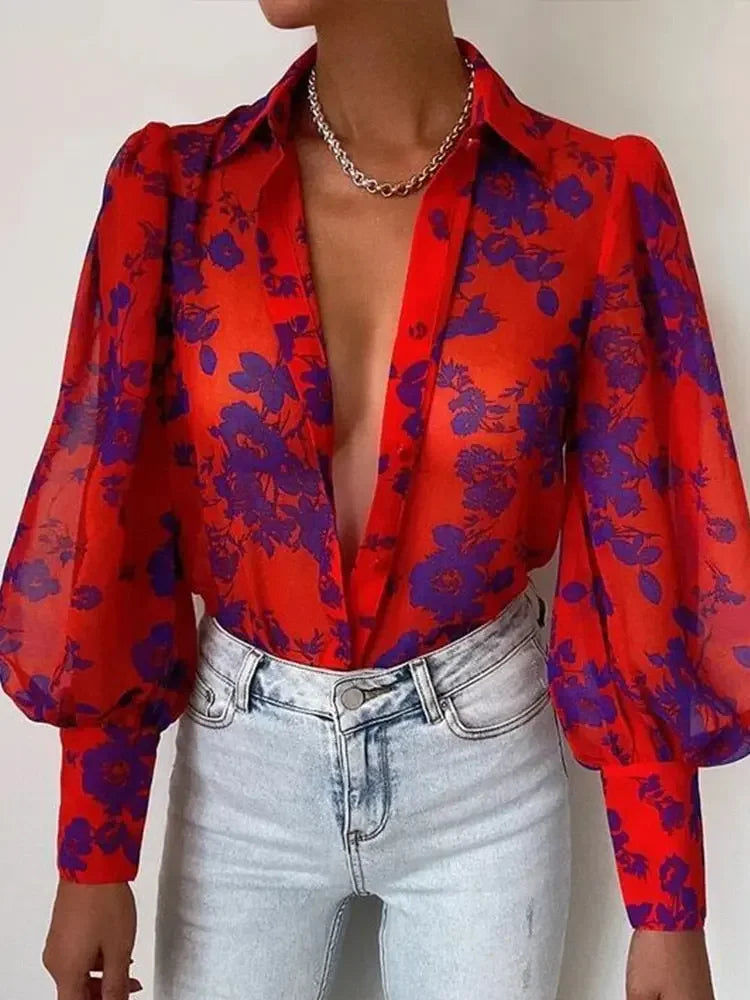 Women&#39;s Floral Print Puff Sleeve Shirt Female Elegant Casual V Neck Shirts 2023 Spring Summer Ladies Tops Blouses Vintage Blouse