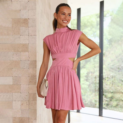 Solid High Waist Hollow Out Dresses For Women Summer Sleeveless Cut Out Dress Fashion Casual Elegant Clothes Vacation Dresses