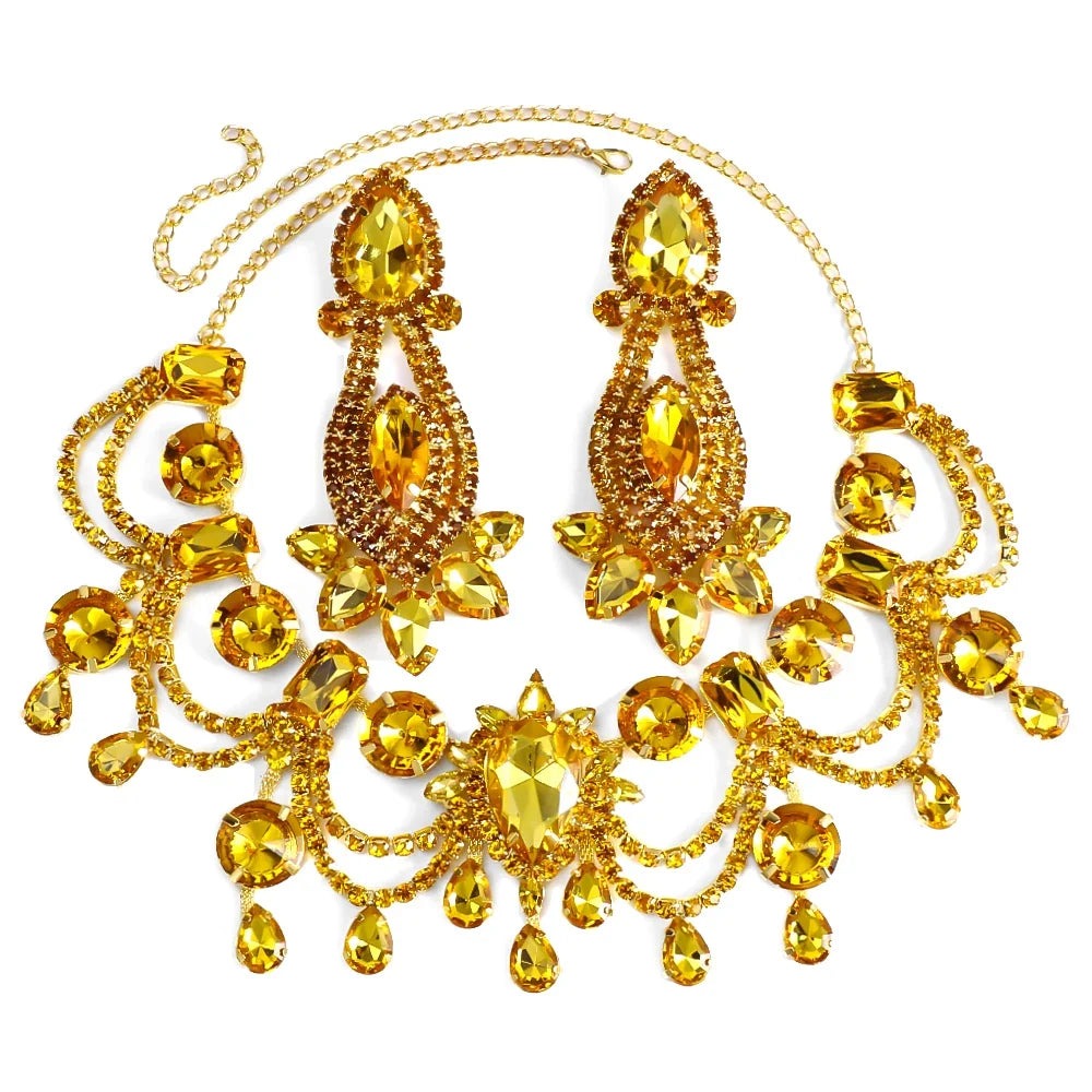 Amber Rhinestone Drop Tassel Necklace & Earring Set