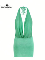 2026 Women New Year Bright Silk Dresses Sexy Stacked V Halter Neck Backless Knit Beach Mini Dress Summer Swimsuit Cover Up K145 Luxlife Brands