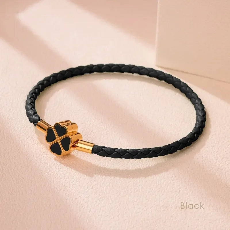 Green Four-Leaf Clover Lucky Bracelet For Women Genuine Braided Leather Bracelet 9 Colors Birthday Party Jewelry ChiristmasGifts
