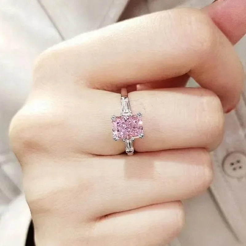 Square Pink Cubic Zirconia Wedding 925 Sterling Silver Rings for Women Romantic Bridal Marriage Party Rings Fashion Jewelry Luxlife Brands