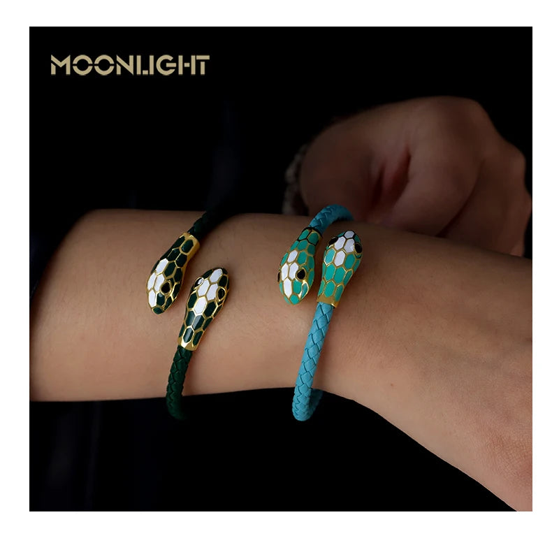 Double Snake Head Cuff Bangles Braided Leather