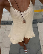 2025 Women Comfy Swimsuit Cover Up Seaside Holiday Club Dresses Sexy Crochet Halter V Neck Chic Ruffle Knit Beach Mini Dress K58 Luxlife Brands