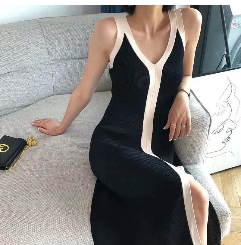 Fashion Women V-neck Maxi Dress Sexy Sling Sleeveless Dresses Knitted Long Dress Women Sweater Female - LUXLIFE BRANDS