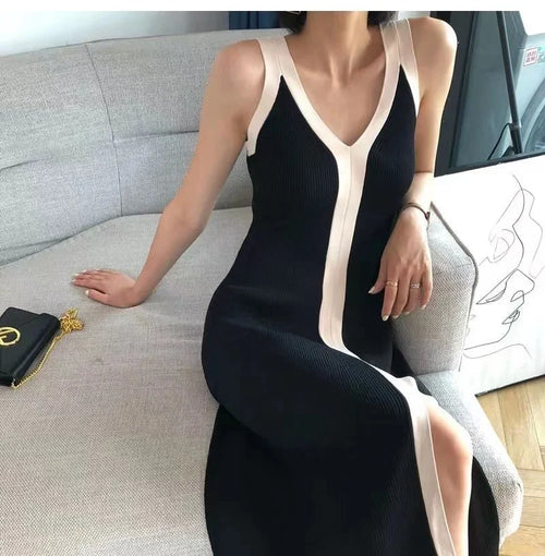 Fashion Women V-neck Maxi Dress Sexy Sling Sleeveless Dresses Knitted Long Dress Women Sweater Female - LUXLIFE BRANDS