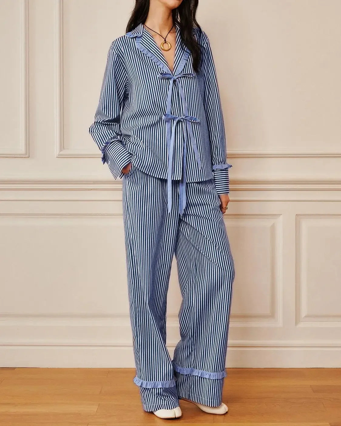 Hirigin Valentines Day Bow Tie Pajamas For Women Silk Satin Bow Striped Pjs Long Sleeve Shirt And Ruffle Lounge Pants Sets S M L