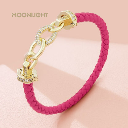 MOONLIGHT New Luxury Women's Zircon Ring Round Bracelet Genuine Braided Leather Bracelet for Woman Fashion Accessories 8 colors