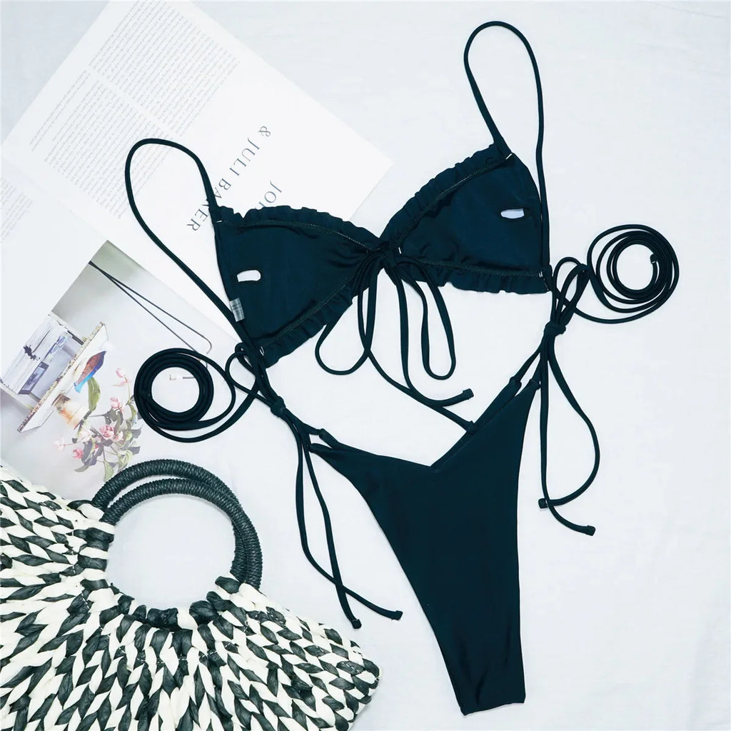 Bikinis 2025 Woman 3 Colors Sexy Ruffled Frilled Bikini Women Swimwear Female Swimsuit Two-piece Bikini set Lace Up Bathing Suit