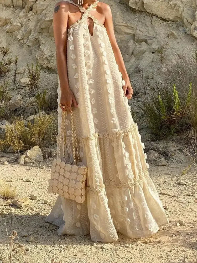 CHICEVER Patchwork Floral Dress For Female Halter Sleeveless Sexy Straight Loose Waist Maxi Dresses Women 2022 Summer Clothing