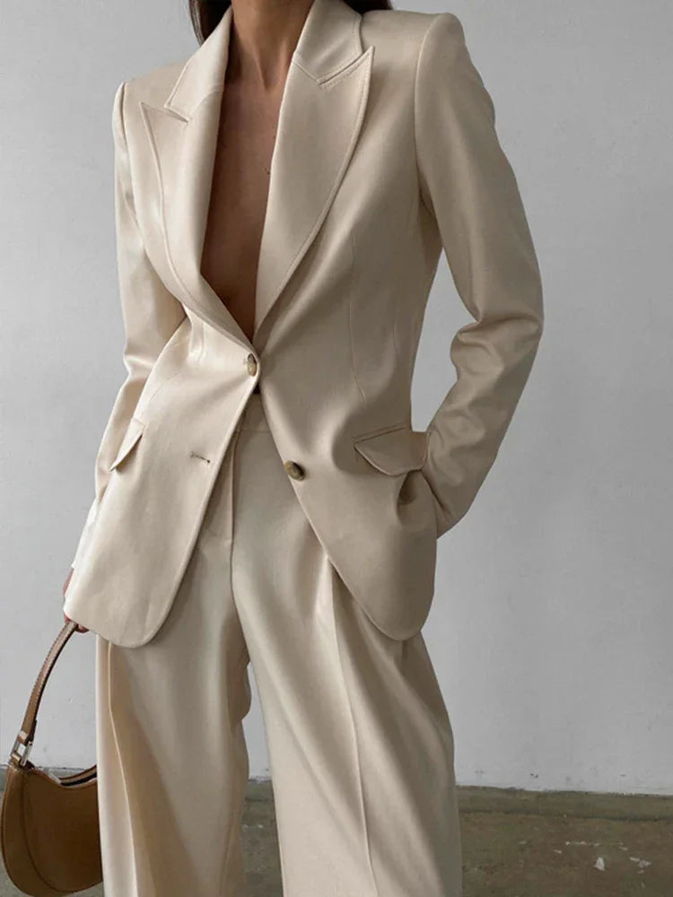 Aynaray 2023 Autumn Winter Women Office Suit Sets Solid Khaki V-neck Long Sleeve 2 Piece Pant Set For Women Luxlife Brands