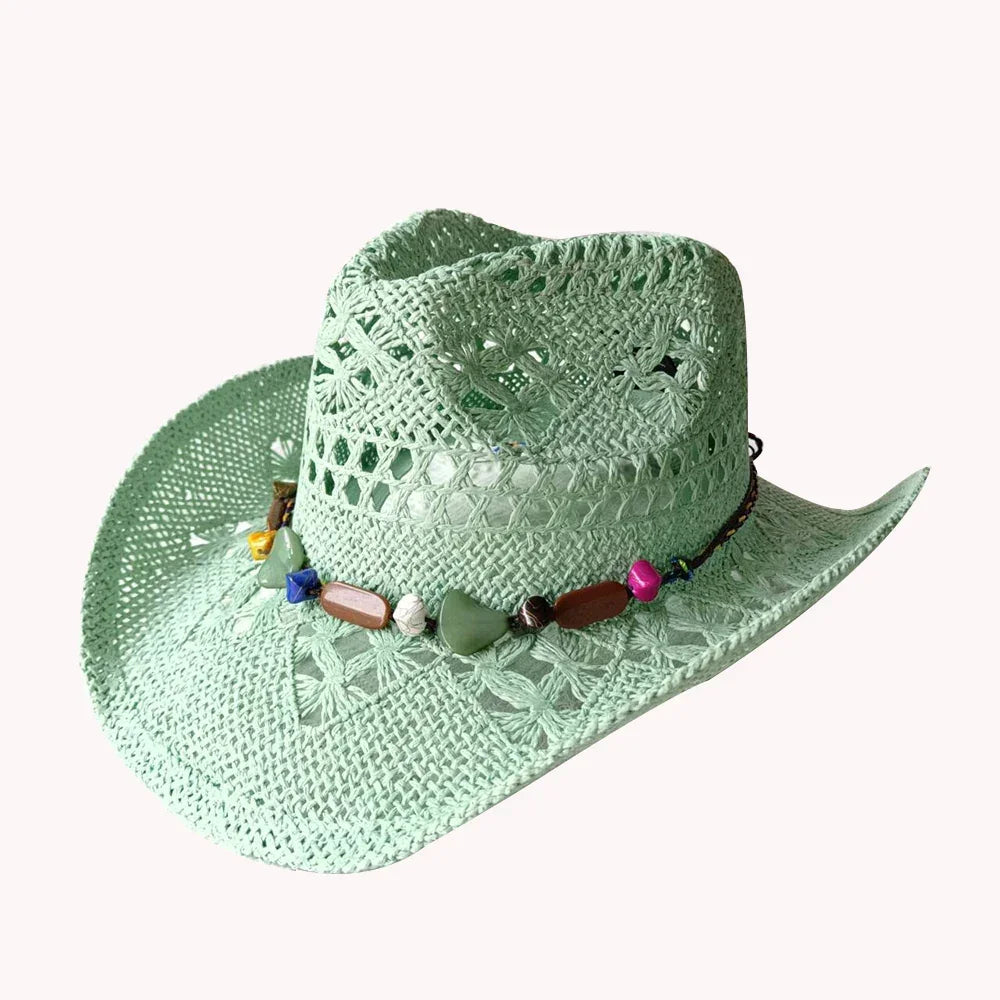 Melesh Western Women's Mint Green Cowboy Hat Straw Cowboy Hat Plasticity Strong Wide Brim Sunshine Beach Western Cowboy Hat
