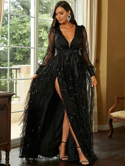 Sequin Sexy Bodycon Women Summer Dress Long Sleeve Mesh Sleeve Maxi Floor Length Elegant Evening Black Dress