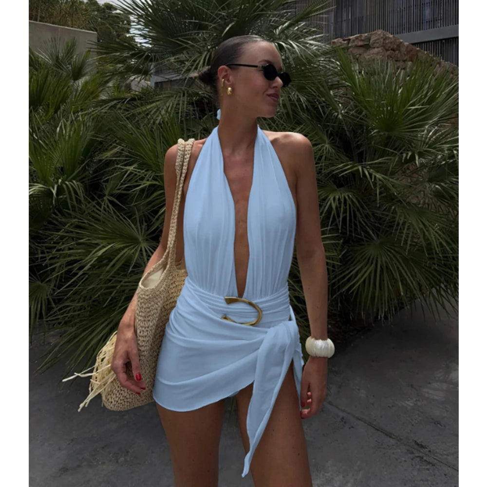 Two Pieces Micro Bikini 2025 Sexy Swimsuit Women Halter Swimwear Biquini Female Solid Bodysuit Bathing Suits Sarong Mini Skirt