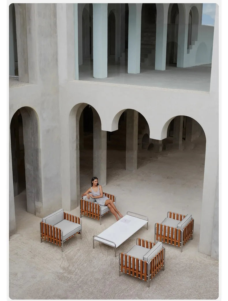 Outdoor stainless steel sofa rattan courtyard villa rain and sun coffee table combination